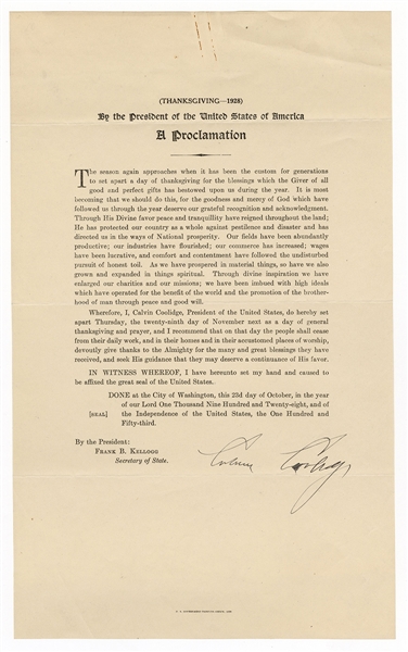 Calvin Coolidge Signed Thanksgiving Presidential Proclamation 1928 JSA