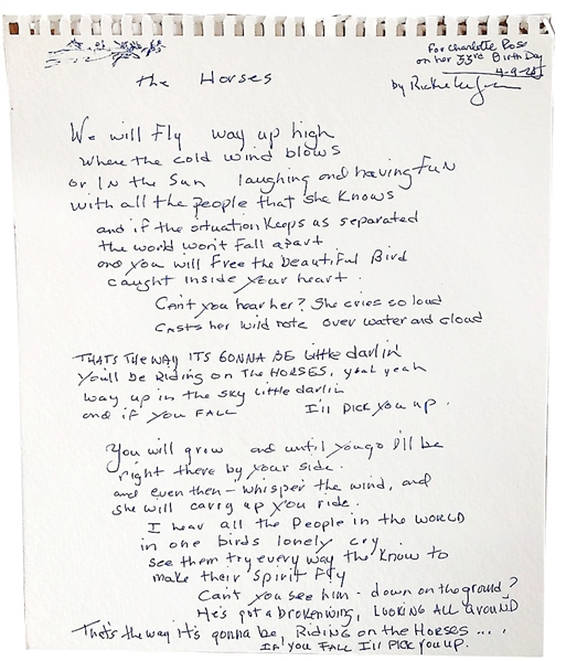 Rickie Lee Jones Handwritten “The Horses” Lyrics Signed and Inscribed to her Daughter