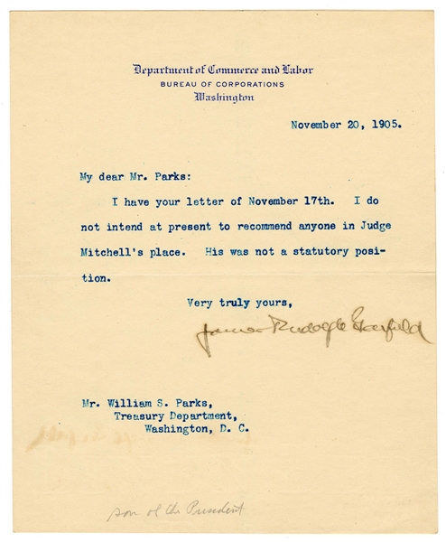 James Randolph Garfield Signed Letter (Pres. James Garfield Son)