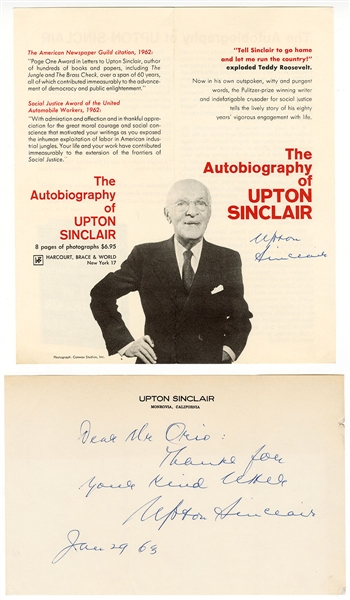 Lot of 2 Upton Sinclair Signed Documents