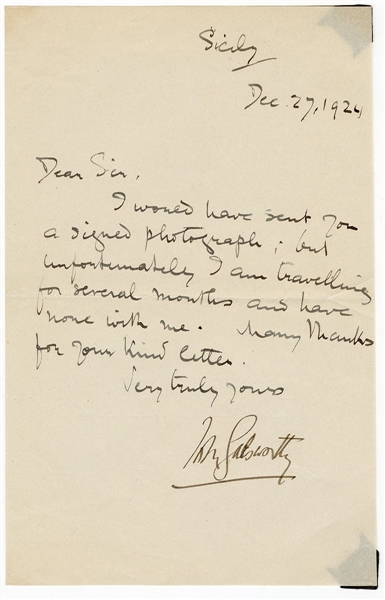 John Galsworthy Handwritten and Signed Letter