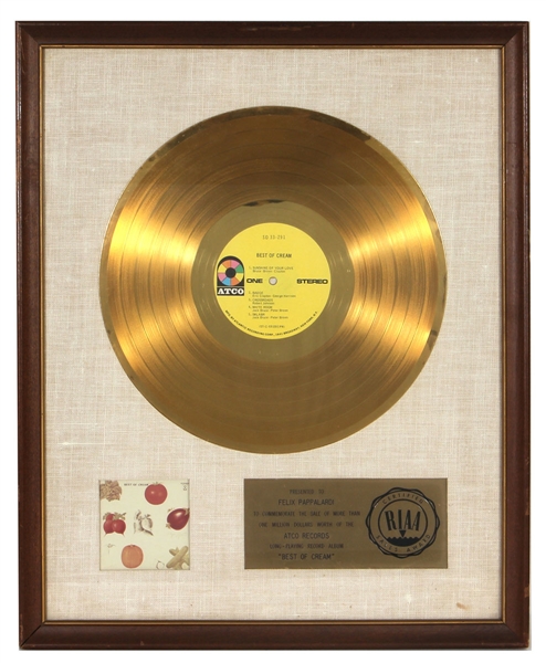 Cream "Best of Cream" Original RIAA White Matte Gold Album Award Presented to Felix Pappalardi