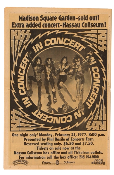KISS Rock And Roll Over Tour 2-FOOT Newspaper Concert Poster Feb 21, 1977 Nassau Coliseum, Long Island, New York