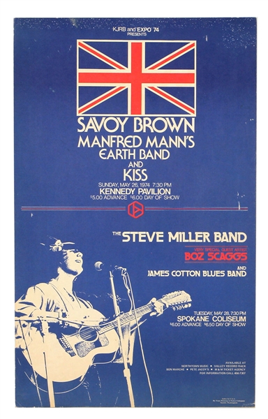 KISS Debut Album 1st Tour May 26, 1974 Kennedy Pavilion Spokane, Washington Concert Poster Steve Miller Band