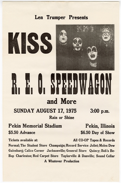 KISS w/ Reo Speedwagon Dressed To Kill Tour August 17, 1975 Pekin, Illinois Concert Poster