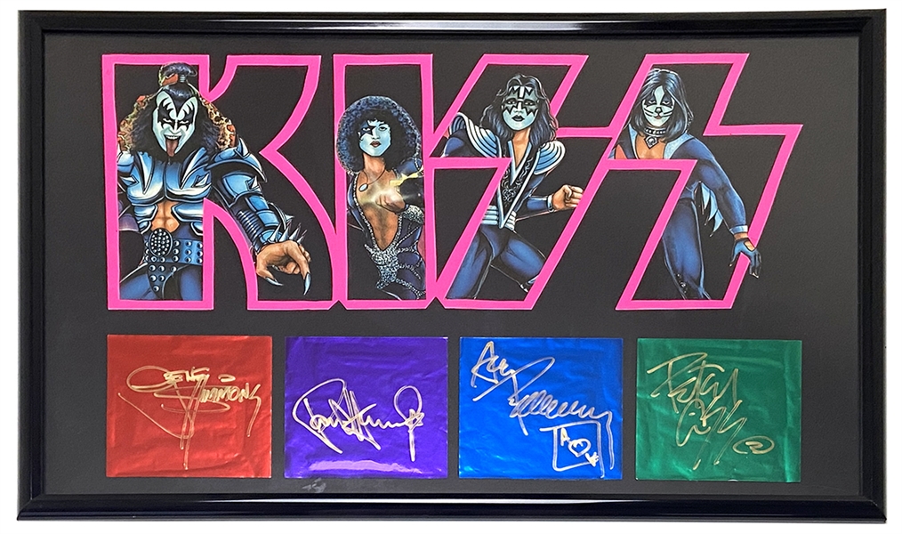 KISS Autograph Set On Coinciding Band Member Color Mylar Swatches Framed