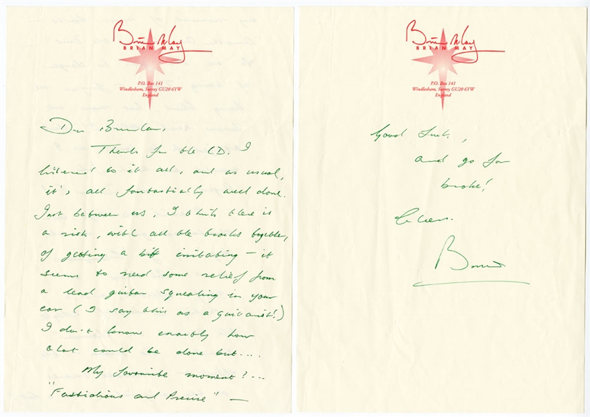 Brian May Handwritten & Signed Letter Talking About Queen Songs (REAL)