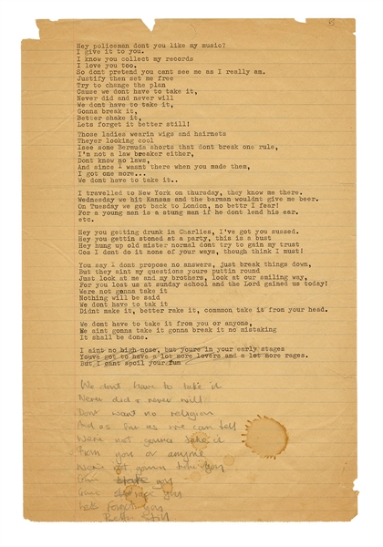 The Who Pete Townshend Handwritten "Were Not Gonna Take It" Lyrics from Tommy (JSA)