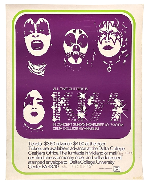 KISS Hotter Than Hell Tour November 10, 1974 Delta College, University Center, Michigan Box Office Concert Poster