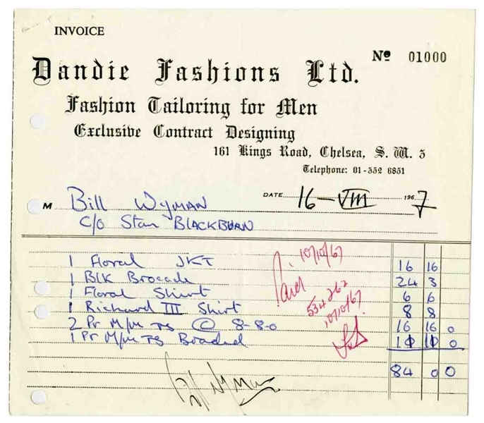 Bill Wyman Signed 1967 Dandies Fashions Ltd. Invoice Bill Wyman Archive