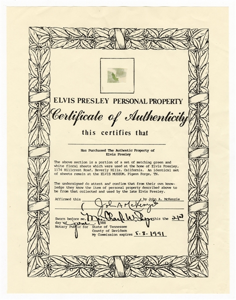 Elvis Presley Cut of White Floral Sheets From His Beverly Hills Home With Certificate