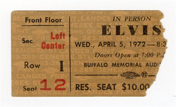 Elvis Presley 4/5/1972 Buffalo, New York Concert Ticket