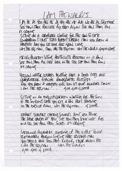 Oasis Noel Gallagher Handwritten Beatles "I Am The Walrus" Lyrics