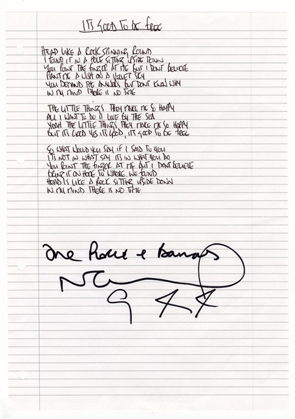 Oasis Noel Gallagher Handwritten & Signed "Its Good to Be You" Lyrics