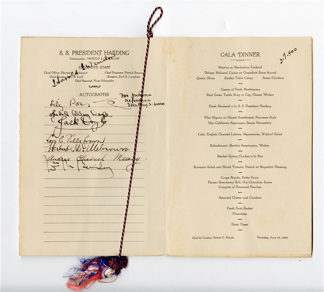 Lily Pons (Actress) and Jack Doyle (Boxer) Signed 1936 Ships Menu
