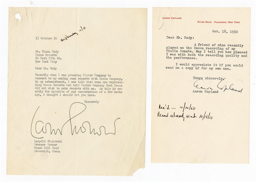 Aaron Copland & Leopold Stokowski Signed Letters (1950)