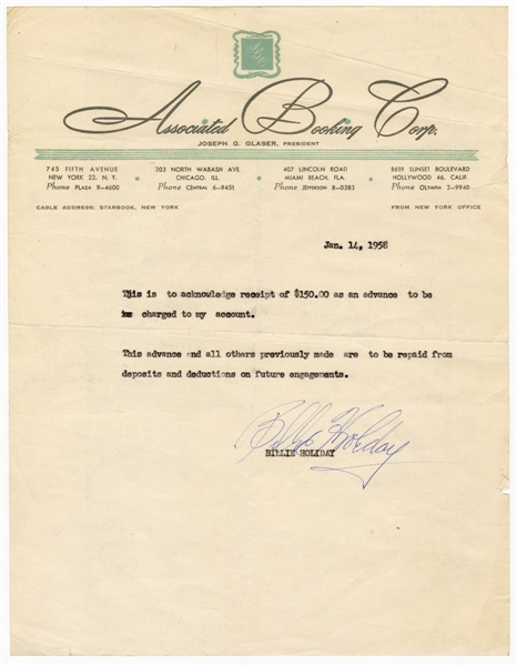 Billie Holiday Signed 1958 Letter Regarding Advance