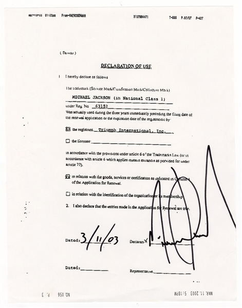 Michael Jackson Signed and Hand-Dated Trademark Contract (Frank Cascio)