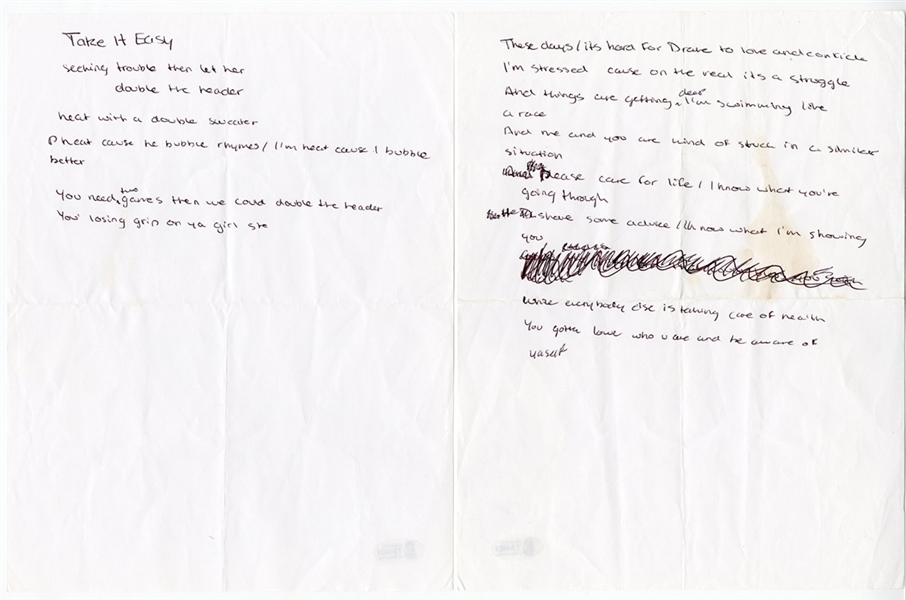 Drake Signed Handwritten Working Lyrics (Beckett)