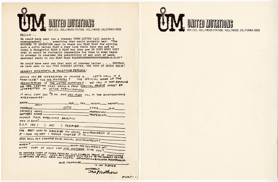 Frank Zappa & Mothers of Invention United Mutations Fan Club Application & Photo