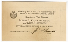 King and Queen of Belgium Original 1919 Invitation to NYC Mayors Reception