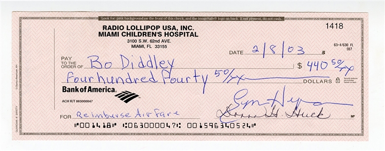 Bo Diddley Signed Endorsed Check