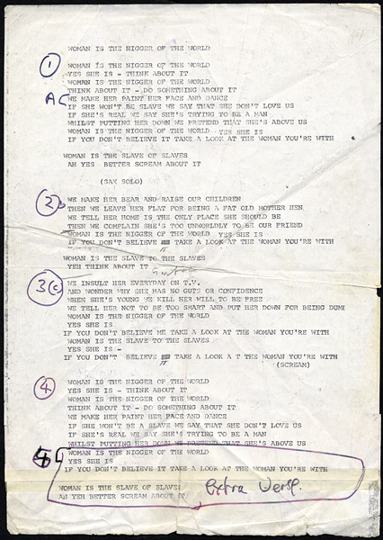 John Lennon Hand-Annotated "Woman Is The Nigger of the World" Lyrics