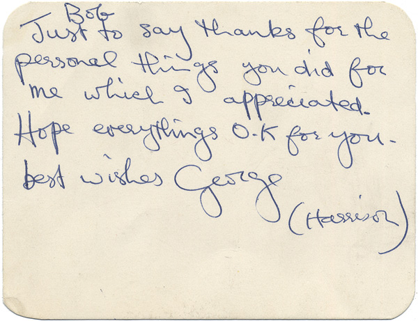 George Harrison Handwritten & Signed Note To Bob Bonis