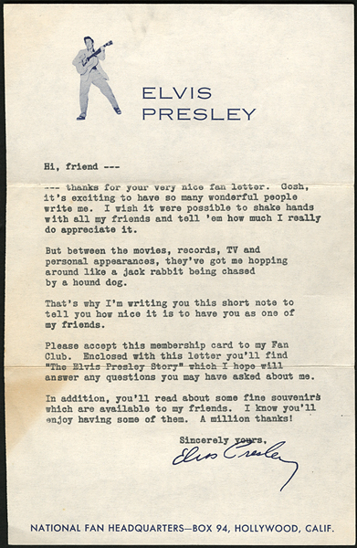 Elvis Presley Fan Club Membership Letter