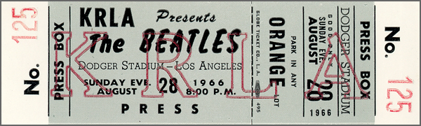 The Beatles August 28, 1966 Dodger Stadium Unused Concert Ticket