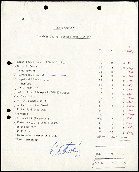 Ringo Starr Signed 1970 Receipt