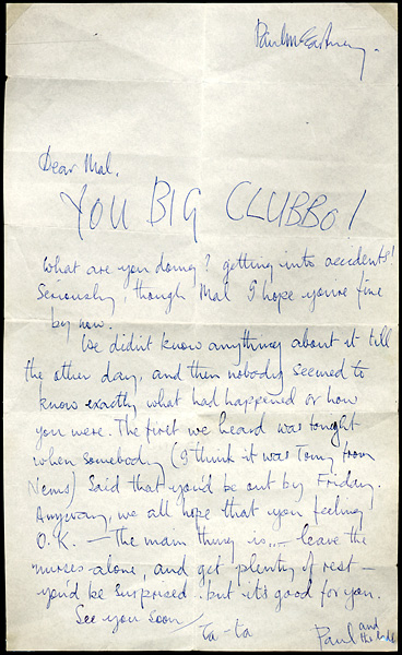 Paul McCartney Handwritten & Signed Letter to Mal Evans