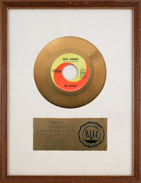 The Beatles “Hello Goodbye" Original RIAA Single Gold Record Award
