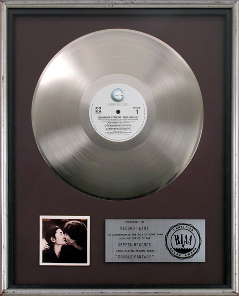 John Lennon & Yoko Ono "Double Fantasy" RIAA Platinum Record Award