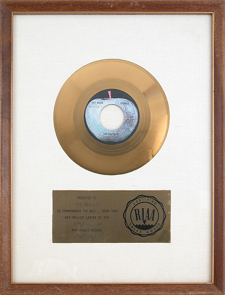 The Beatles "Get Back" Original RIAA Single Gold Record Award