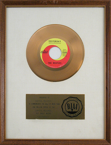 The Beatles "Yesterday" Original RIAA Single Gold Record Award