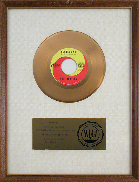 The Beatles "Yesterday" Original RIAA Single Gold Record Award