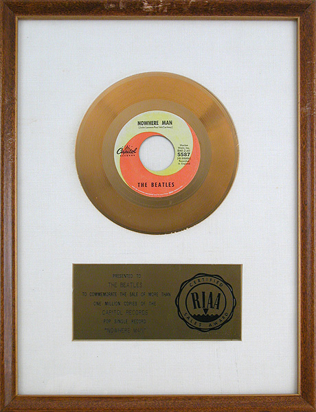 The Beatles "Nowhere Man" Original RIAA Single Gold Record Award