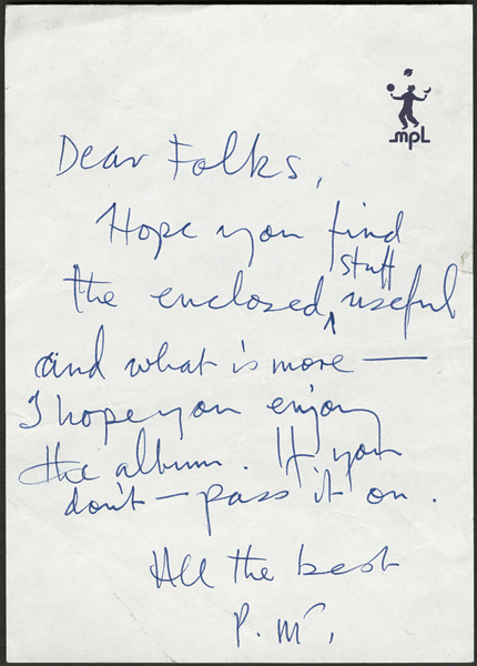 Paul McCartney Handwritten and Initialed Note