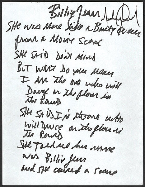 Michael Jackson Handwritten and Signed Lyrics to "Billie Jean"