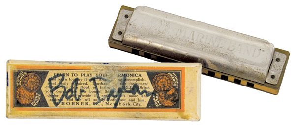 Bob Dylan 1962 Stage Used Harmonica With Signed Original Key D Flat Harmonica Box 