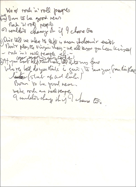 John Lennon Original Handwritten Working Lyrics for the Recorded Song "Rock and Roll People"