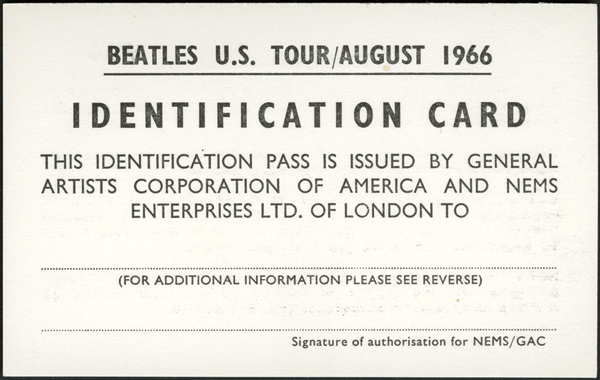 Beatles August 1966 Tour ID Card