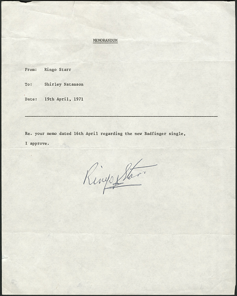 Ringo Starr 1971 Signed "Badfinger" Memorandum