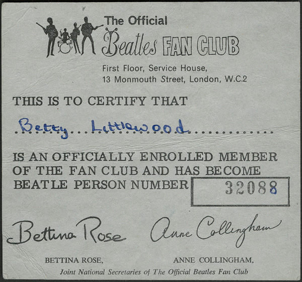 1965 Beatles Fan Club Card