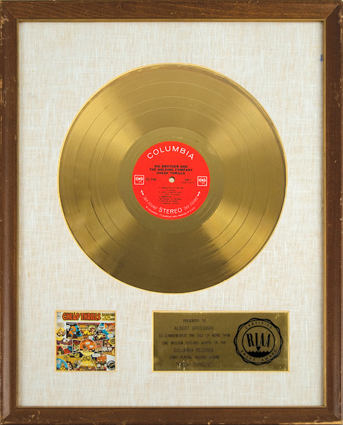 Janis Joplin/Big Brother and The Holding Company RIAA Gold Record Award for "Cheap Thrills" Album