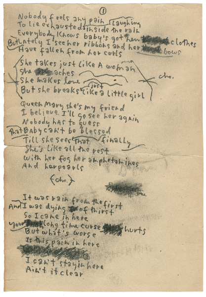 Bob Dylan Handwritten and Signed "Just Like A Woman" Working Lyrics