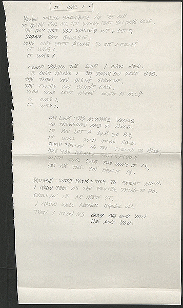 Lindsey Buckingham Handwritten "It Was I" Lyrics