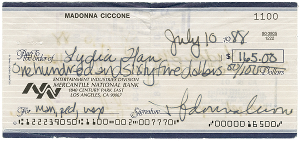 Madonna Ciccone Handwritten and Signed Personal Check