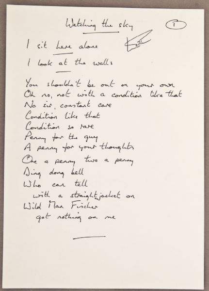 Deep Purple Ian Gillan "Watching the Sky" Handwritten and Signed Lyrics